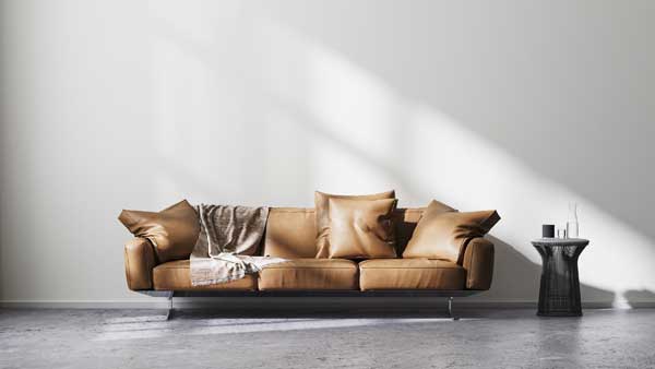 A brown upholstered sofa receive direct sunlight